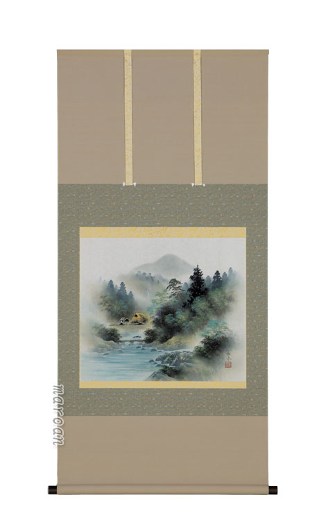 山水画 掛軸 彩色山水（中野 長春）（尺八横）(図柄色々有）