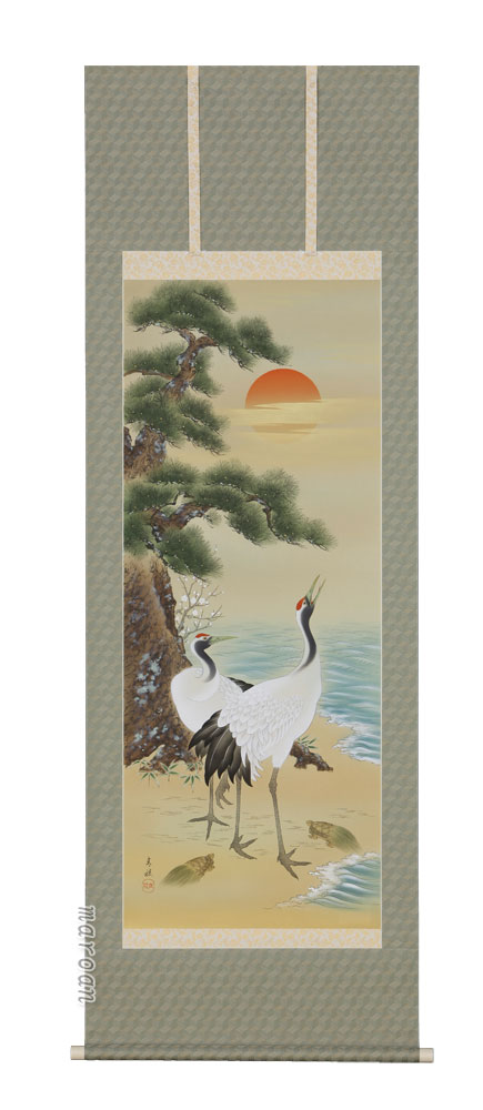 鶴亀 掛軸 旭光双鶴（岩本 青稜）