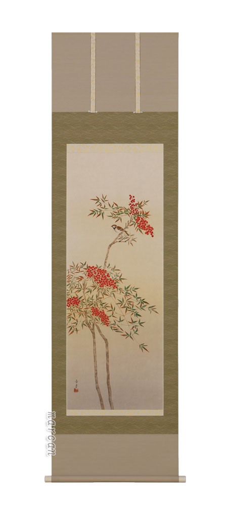 花鳥画 掛軸 南天に雀（石原章堂）