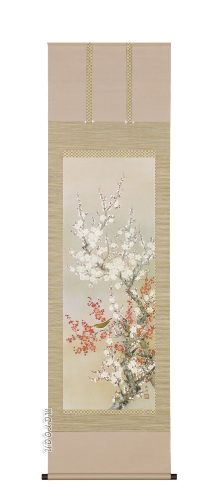 花鳥画 掛軸 紅白梅鶯（河津武禅）
