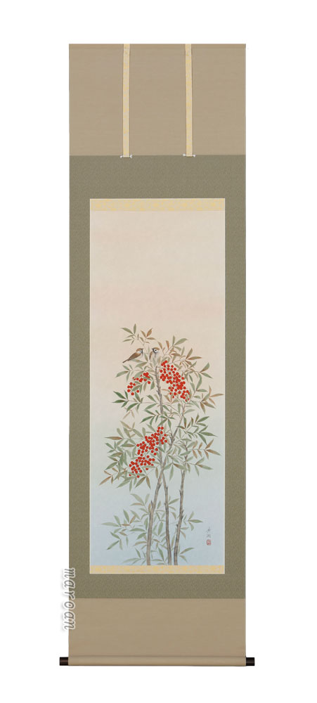 花鳥画 掛軸 南天に雀（鈴木 秀湖）
