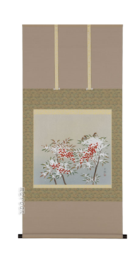 花鳥画 掛軸 南天に雪（鈴木 秀湖）