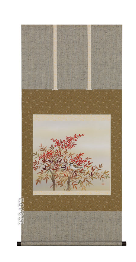 花鳥画 掛軸 南天に雀（川島正行）