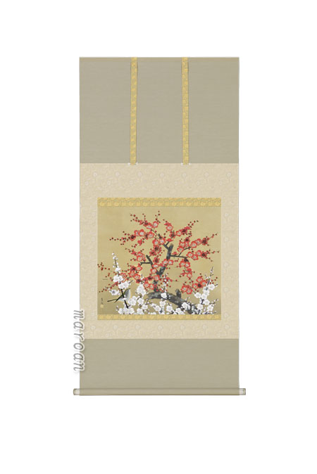 花鳥画 掛軸 紅白梅（井上清冶）（太巻桐箱入）