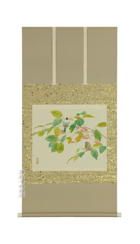 花鳥画 掛軸 雀（小川 和也）（尺八横）(太巻き桐箱入）
