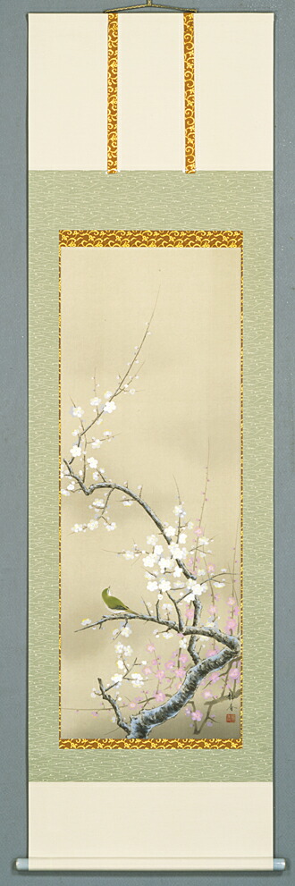 花鳥画 掛け軸 掛軸 紅白梅に鶯(北条 静香)