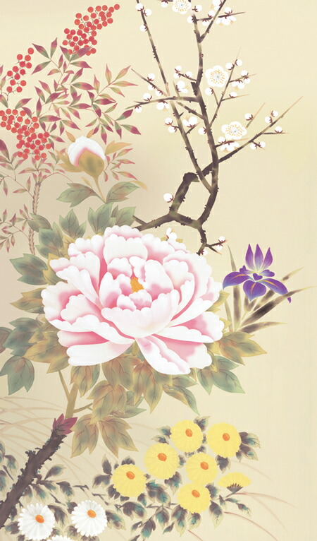 花鳥画 掛け軸 掛軸 かけじく花鳥画四季花（北山 歩生）送料無料 代引き手数料無料 商品画像