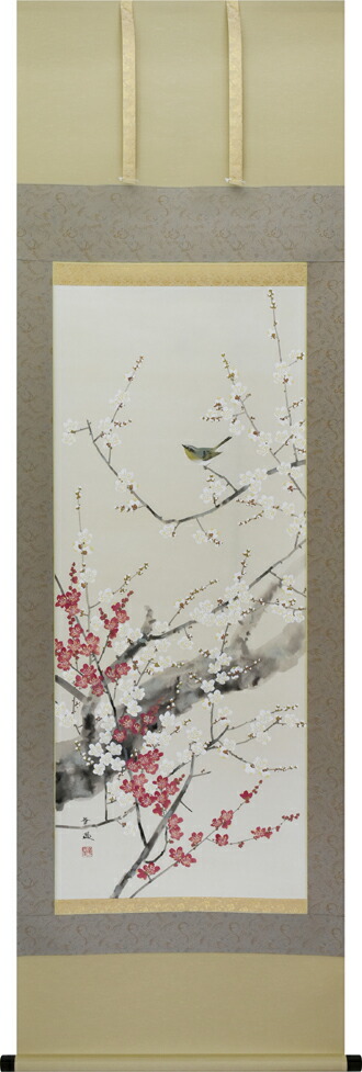 花鳥画 掛け軸 紅白梅に鶯（出口華凰）