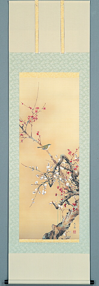 花鳥画 掛け軸 紅白梅に鶯(石田 大寿)【特殊工芸作品】