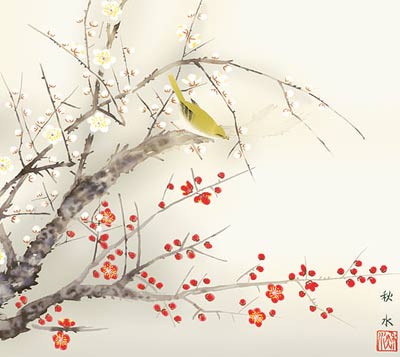 花鳥画 掛軸【花鳥】紅白梅に鶯（浮田 秋水） 商品画像