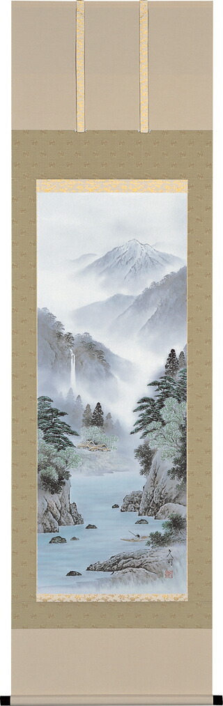 山水画 掛け軸 淡彩山水(大山 久司)年中掛け・彩色山水【特殊工芸作品】