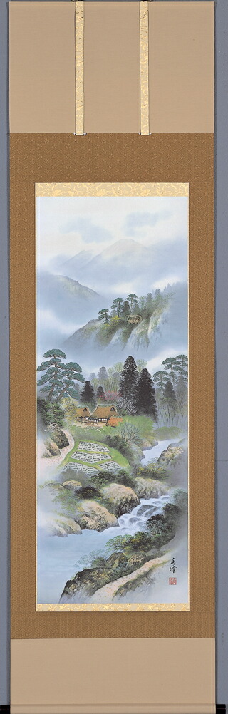 山水画 掛け軸 四神相応山水図（国関 秀峰）年中掛け・開運【特殊工芸作品】