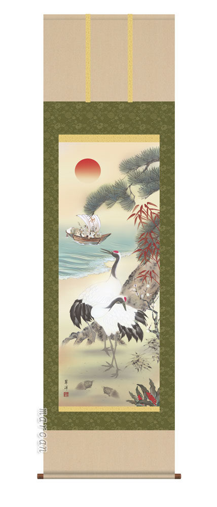 鶴亀 掛軸【縁起開運／尺五】鶴亀三友福神図（遠山 翠洋）