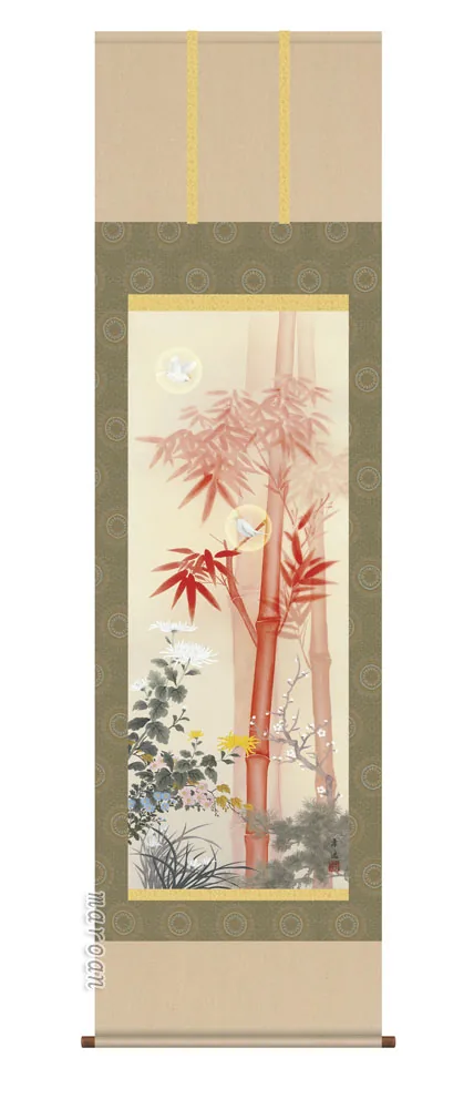開運画 掛軸【縁起開運／尺三桐箱】吉祥四君子繚乱図（根本 孝逸）