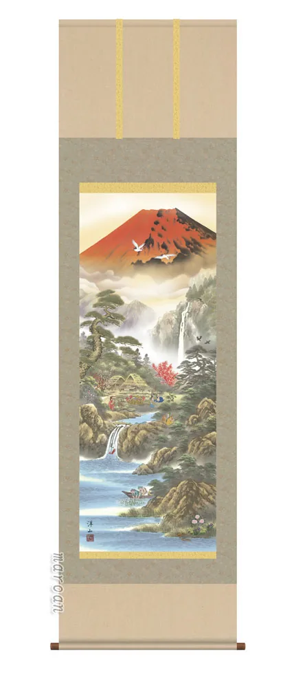 開運画 掛軸【縁起開運／尺三桐箱】招福赤富士来光図（宇崎 洋山）【富士山 年中掛け 贈答用 開運】
