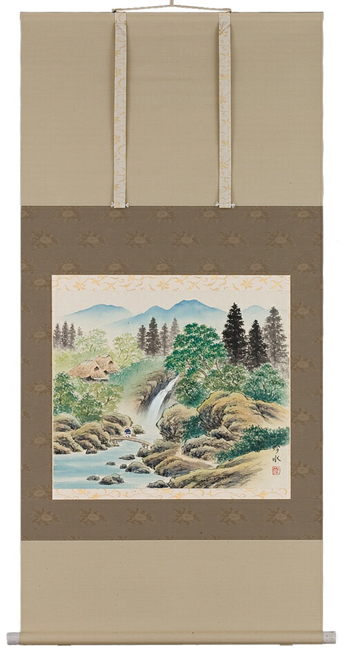 山水画 掛軸 彩色山水（奥田吟水）