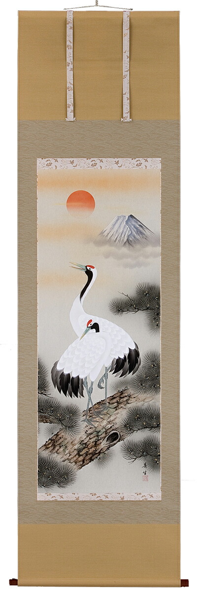 鶴亀 掛軸 松上鶴（高田春生）