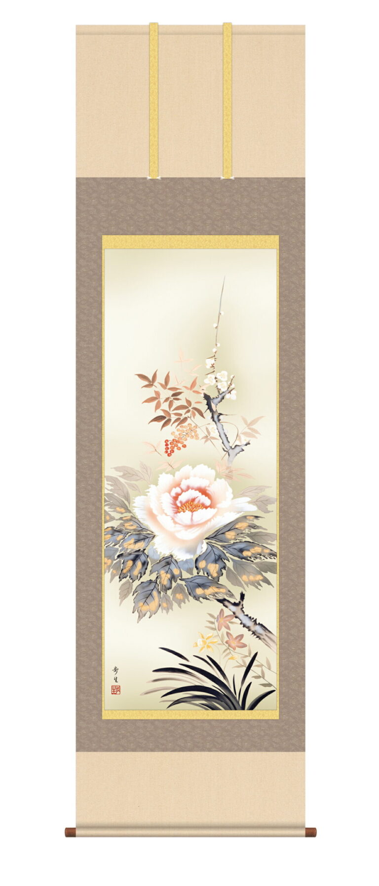 花鳥画 掛軸／かけじく【花鳥画】四季花（北山歩生）送料無料 代引き手数料無料