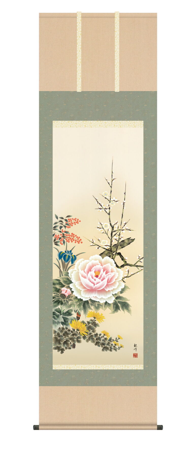 花鳥画 掛軸【花鳥/尺五】四季花 山村 観峰(三美会)