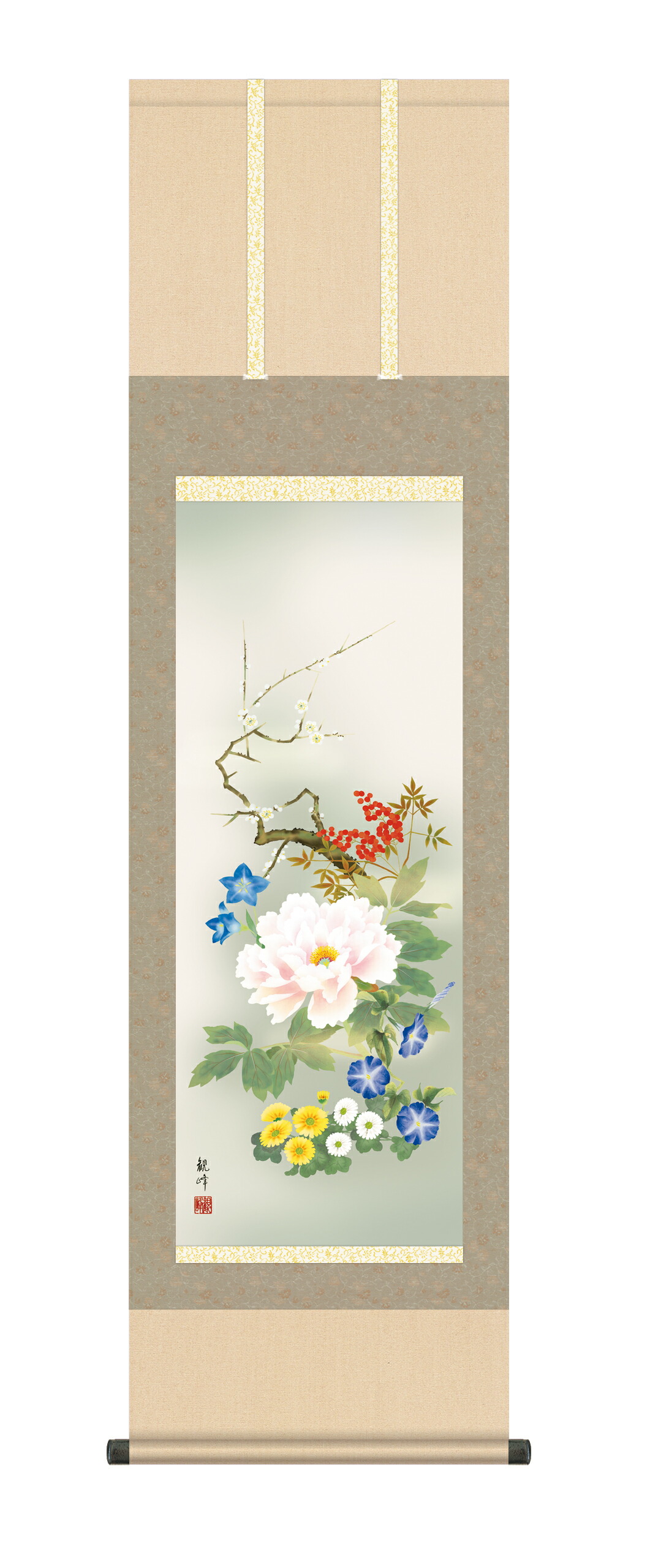 花鳥画 掛け軸 モダン 掛軸 おしゃれ かけじく 花鳥 年中掛け四季花（山村 観峰）尺三 164cm送料… 商品画像