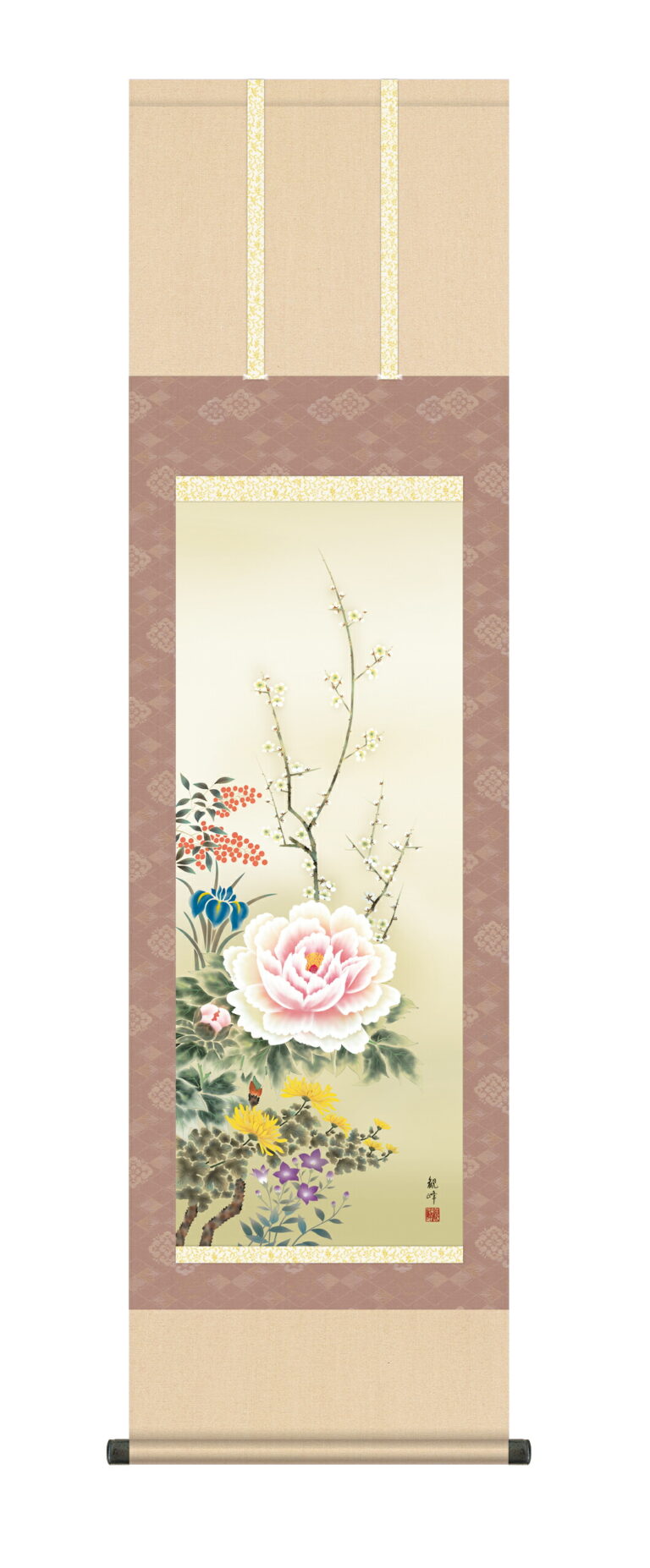 花鳥画 掛け軸 モダン 掛軸 おしゃれ かけじく 花鳥 年中掛け四季花（山村 観峰）尺三 164cm送料…