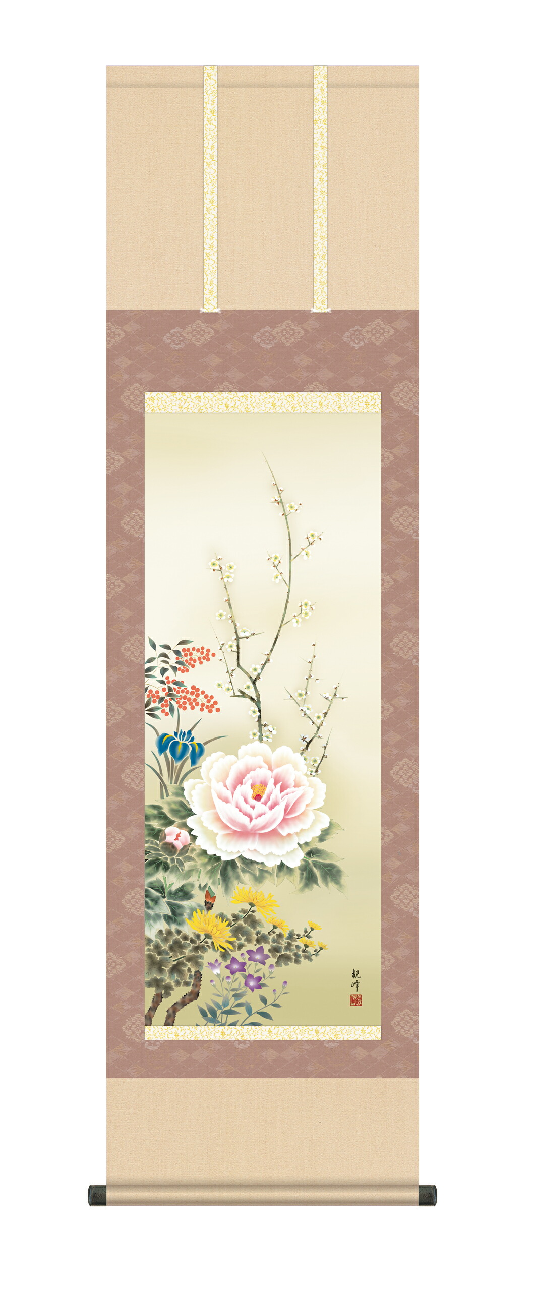 花鳥画 掛け軸 モダン 掛軸 おしゃれ かけじく 花鳥 年中掛け四季花（山村 観峰）尺三 164cm送料… 商品画像