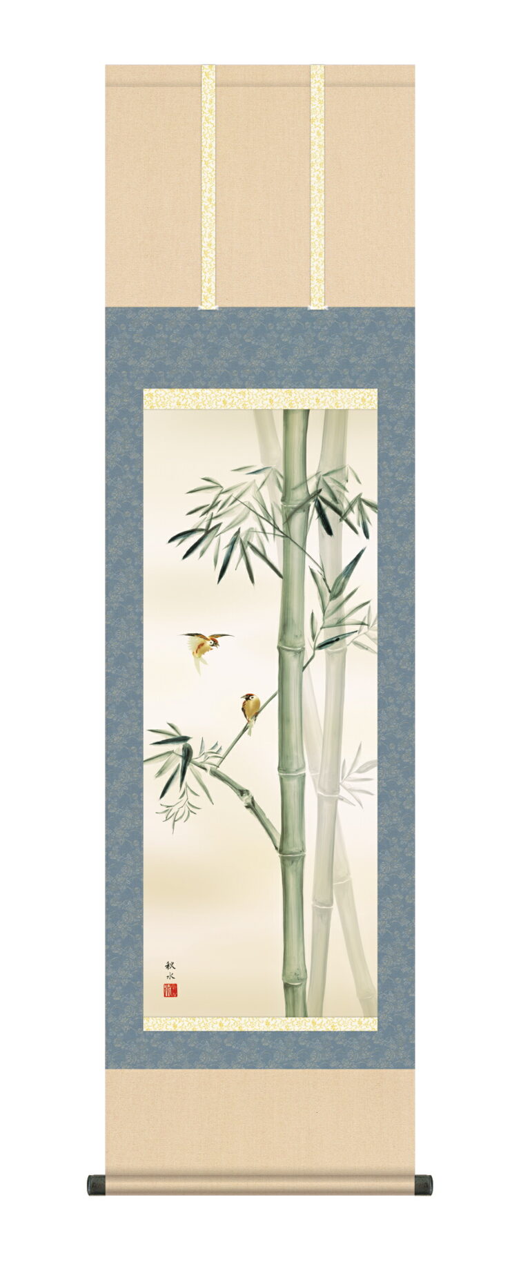 花鳥画 掛軸【花鳥/尺三】竹に雀 浮田 秋水(草夕会)