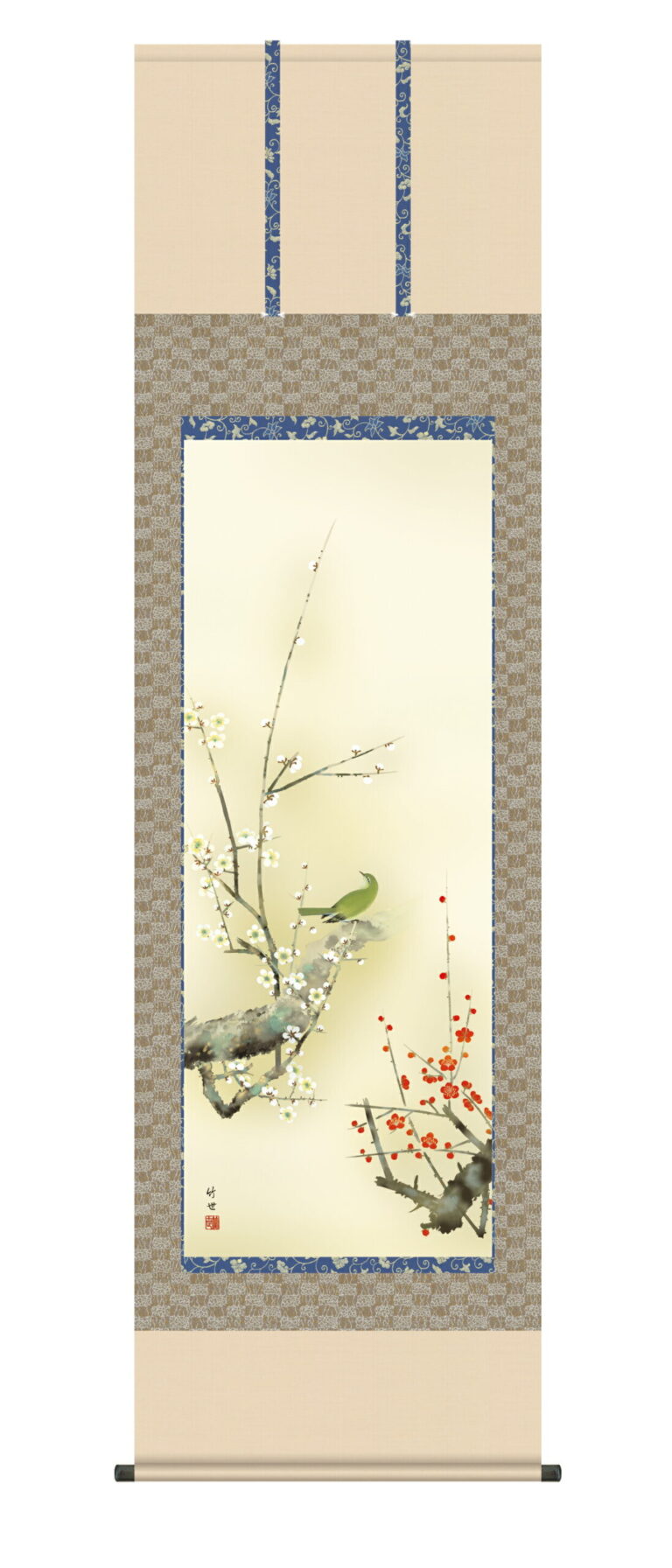 花鳥画 掛け軸/掛軸【花鳥/尺五】紅白梅に鶯 田村 竹世(三美会)【正絹 最高級筋廻仕様】