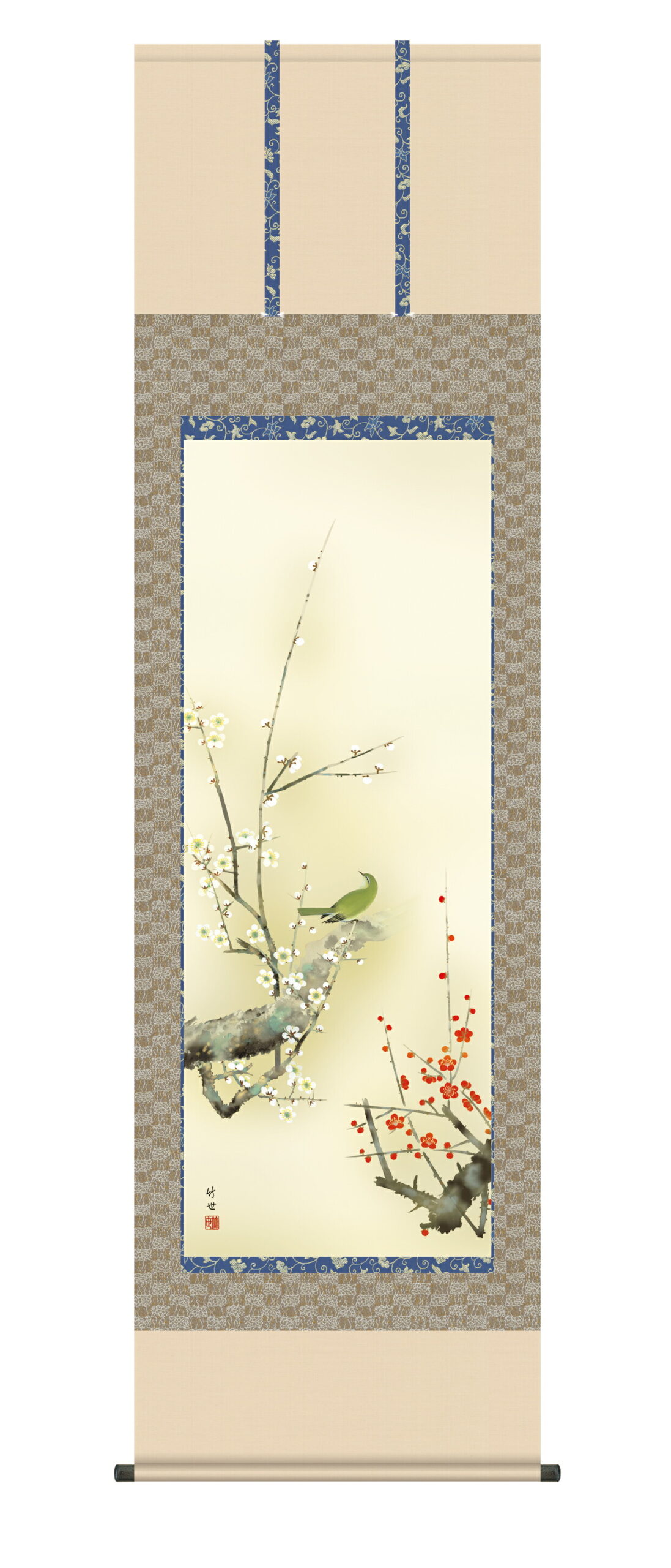 花鳥画 掛け軸/掛軸【花鳥/尺五】紅白梅に鶯 田村 竹世(三美会)【正絹 最高級筋廻仕様】 商品画像