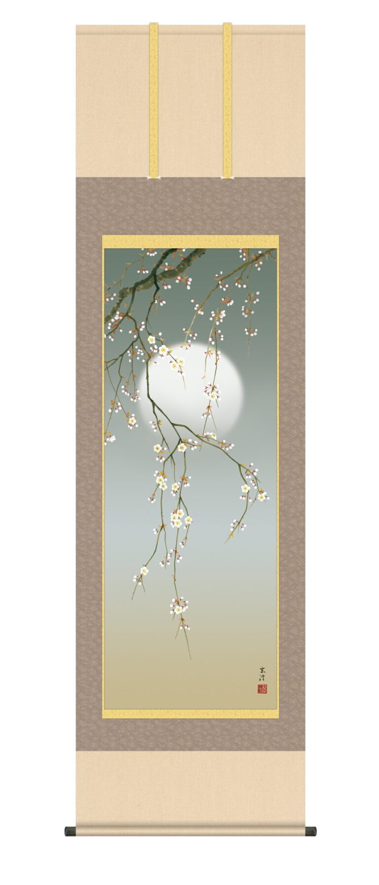花鳥画 掛軸／かけじく【花鳥画】夜桜（清水 玄澄）【洛彩緞子 最高級筋廻仕様】