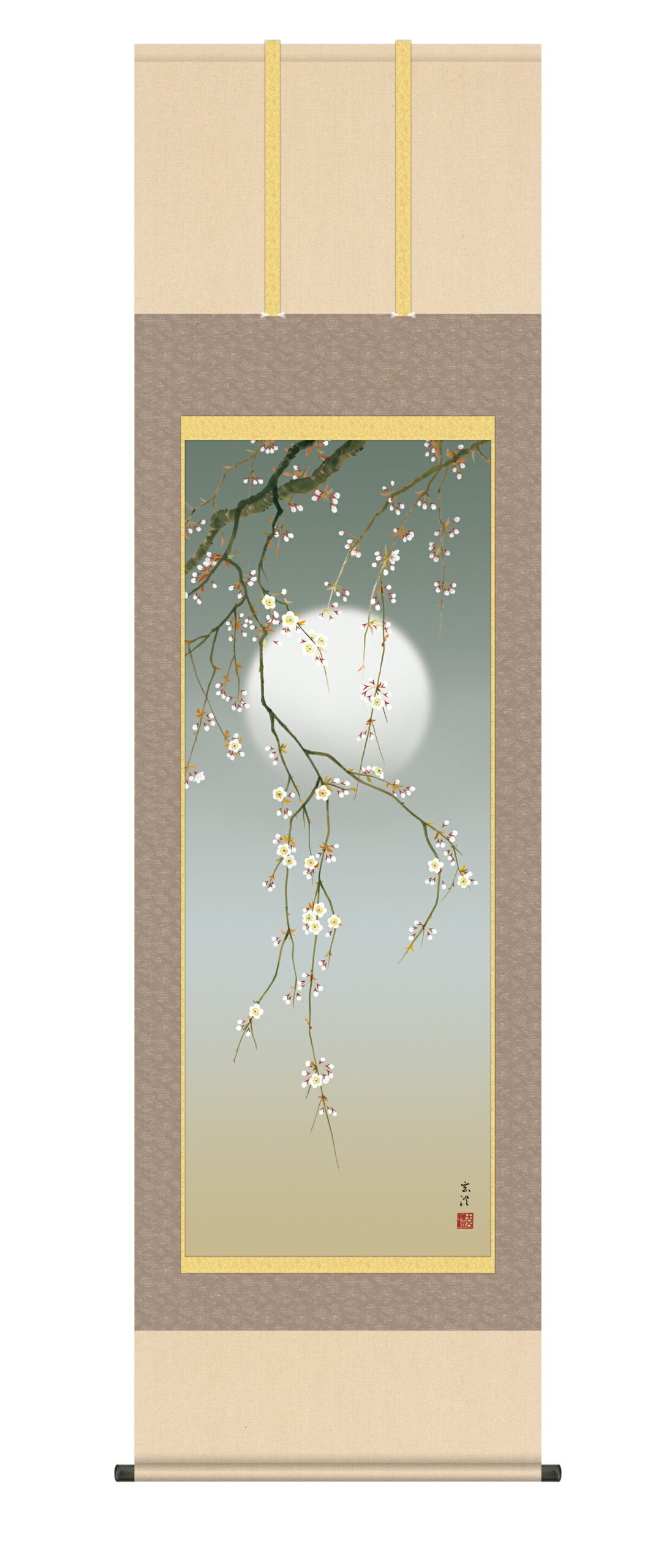 花鳥画 掛軸／かけじく【花鳥画】夜桜（清水 玄澄）【洛彩緞子 最高級筋廻仕様】 商品画像