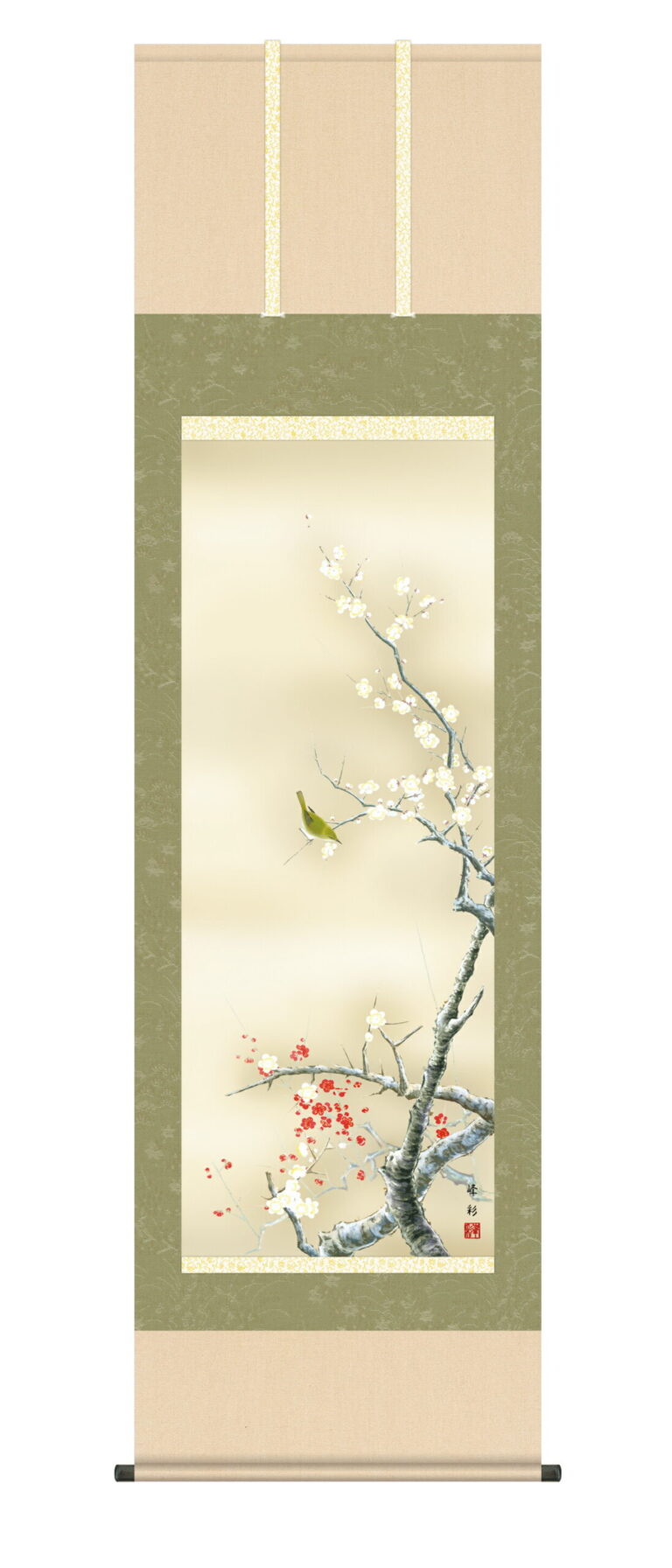 花鳥画 掛軸【春】紅白梅に鶯（園田 峰彩）