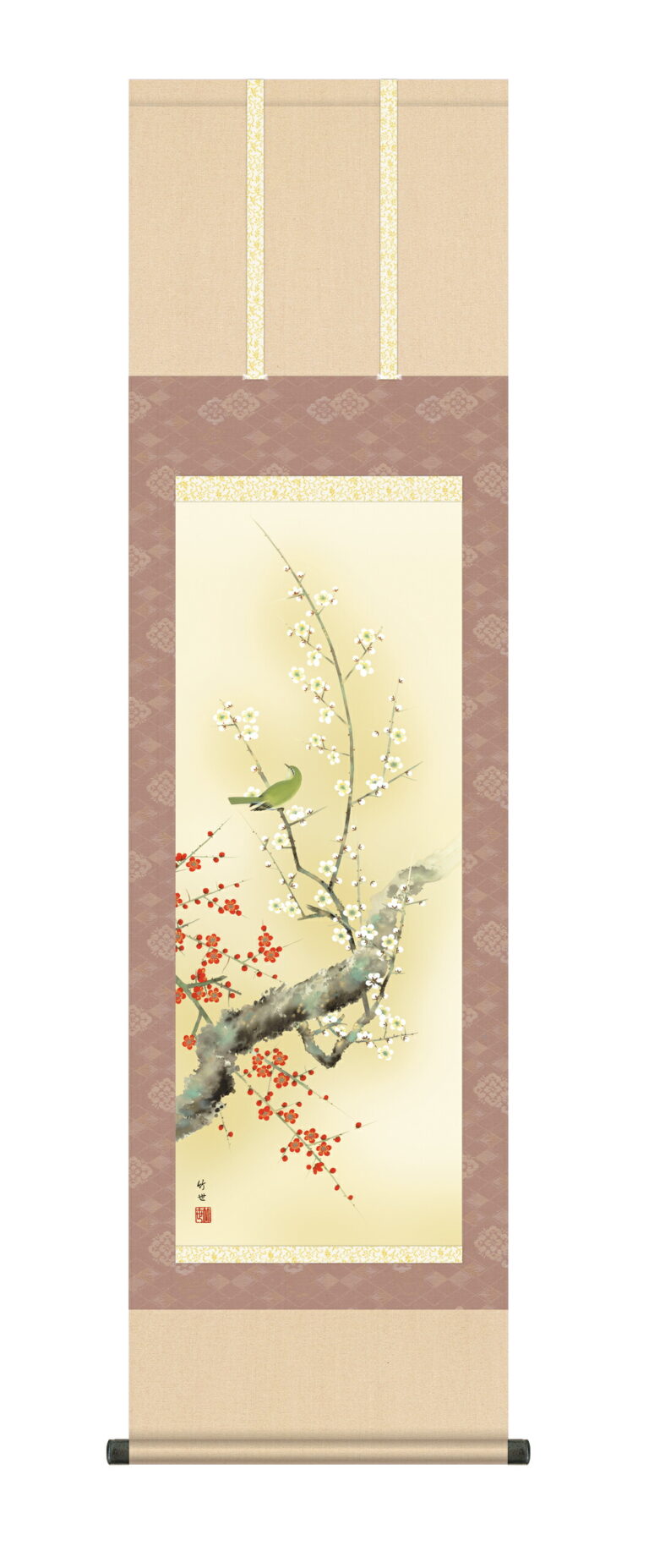 花鳥画 掛け軸 掛軸 かけじく 花鳥画 春掛け紅白梅に鶯（田村 竹世） 尺三幅