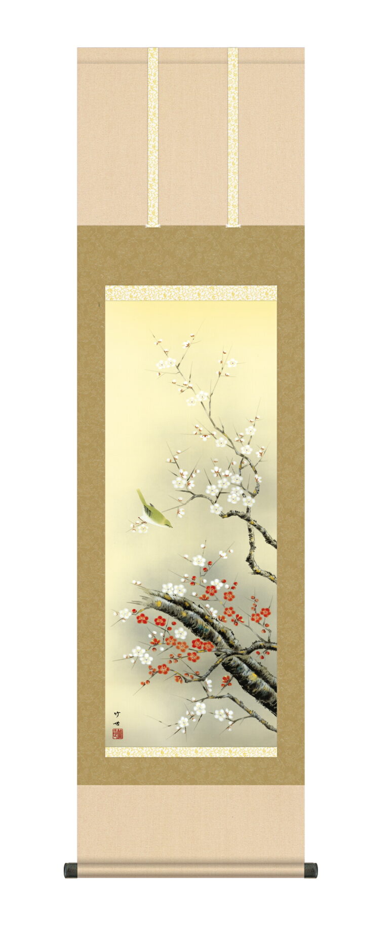 花鳥画 掛け軸 掛軸 かけじく 花鳥画 春掛け紅白梅に鶯（田村 竹世） 尺三幅