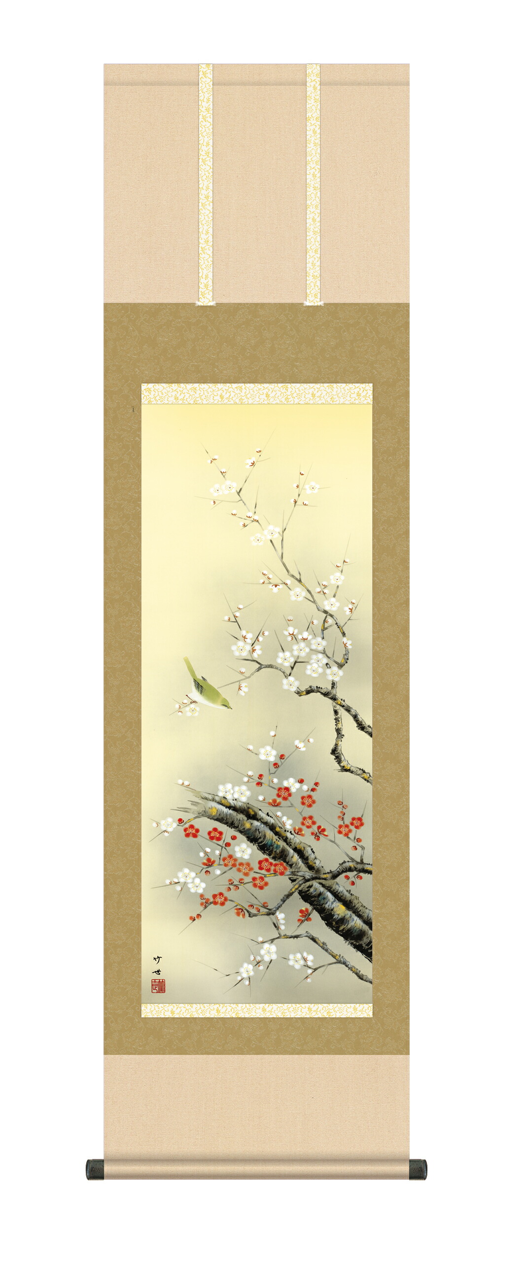 花鳥画 掛け軸 掛軸 かけじく 花鳥画 春掛け紅白梅に鶯（田村 竹世） 尺三幅 商品画像