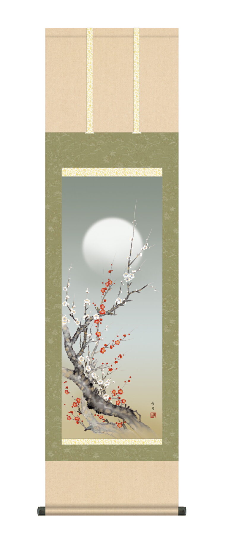 花鳥画 掛軸／かけじく【花鳥画】朧月紅白梅（北山 歩生）