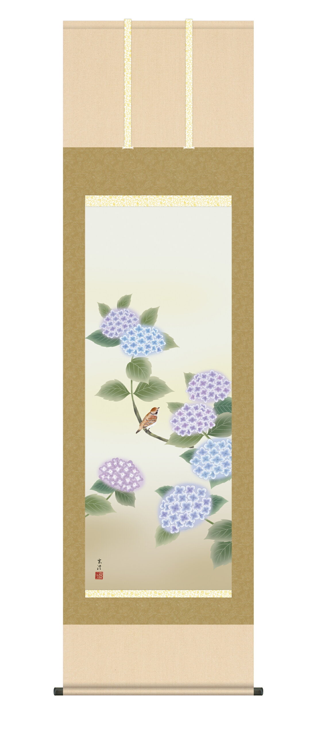 花鳥画 掛軸／かけじく【花鳥画】紫陽花（清水 玄澄）【洛彩緞子 最高級筋廻仕様】 商品画像