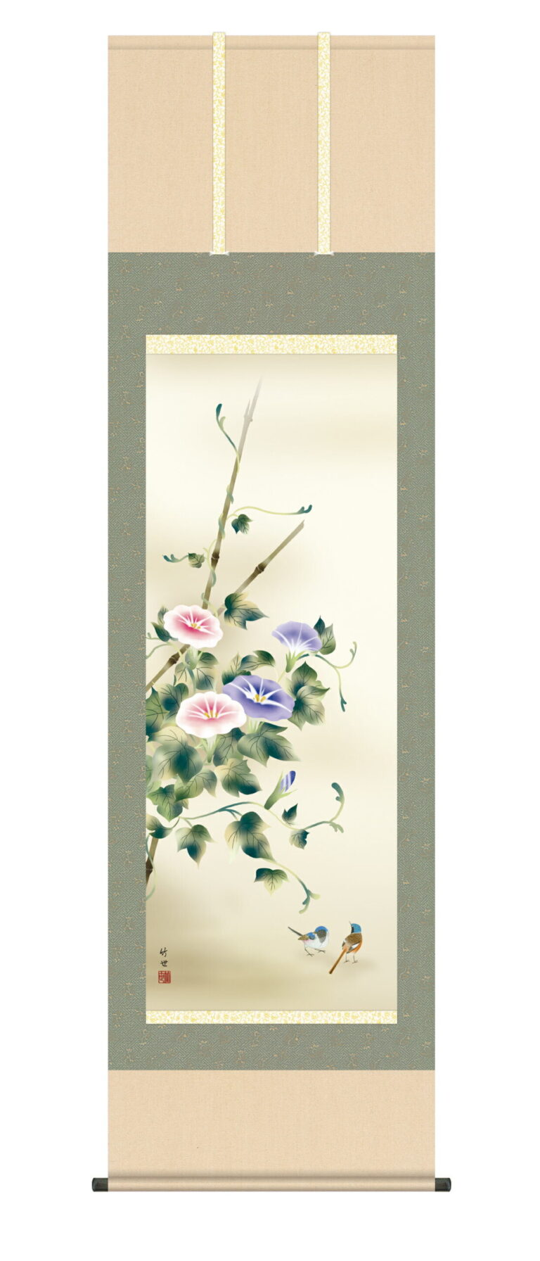 花鳥画 掛け軸/掛軸【花鳥/尺五】朝顔 田村 竹世(三美会)【正絹 最高級筋廻仕様】