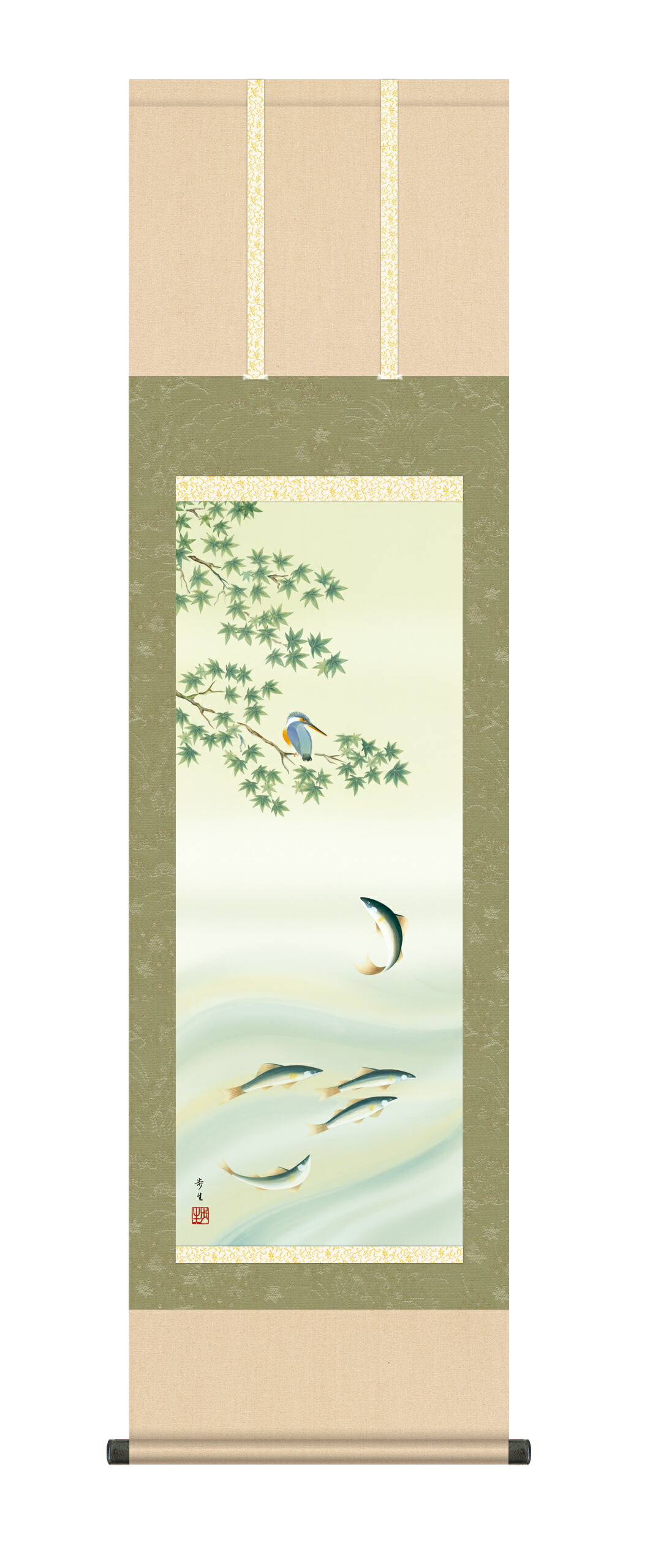 花鳥画 掛軸【花鳥/尺三】楓に鮎 北山 歩生(三美会) 商品画像