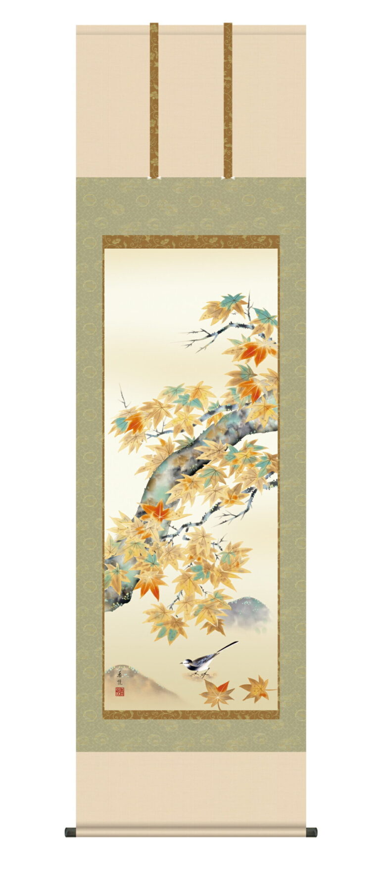 花鳥画 掛軸【花鳥/尺五】紅葉に小鳥 西尾 香悦(三美会)秋 椛 正絹