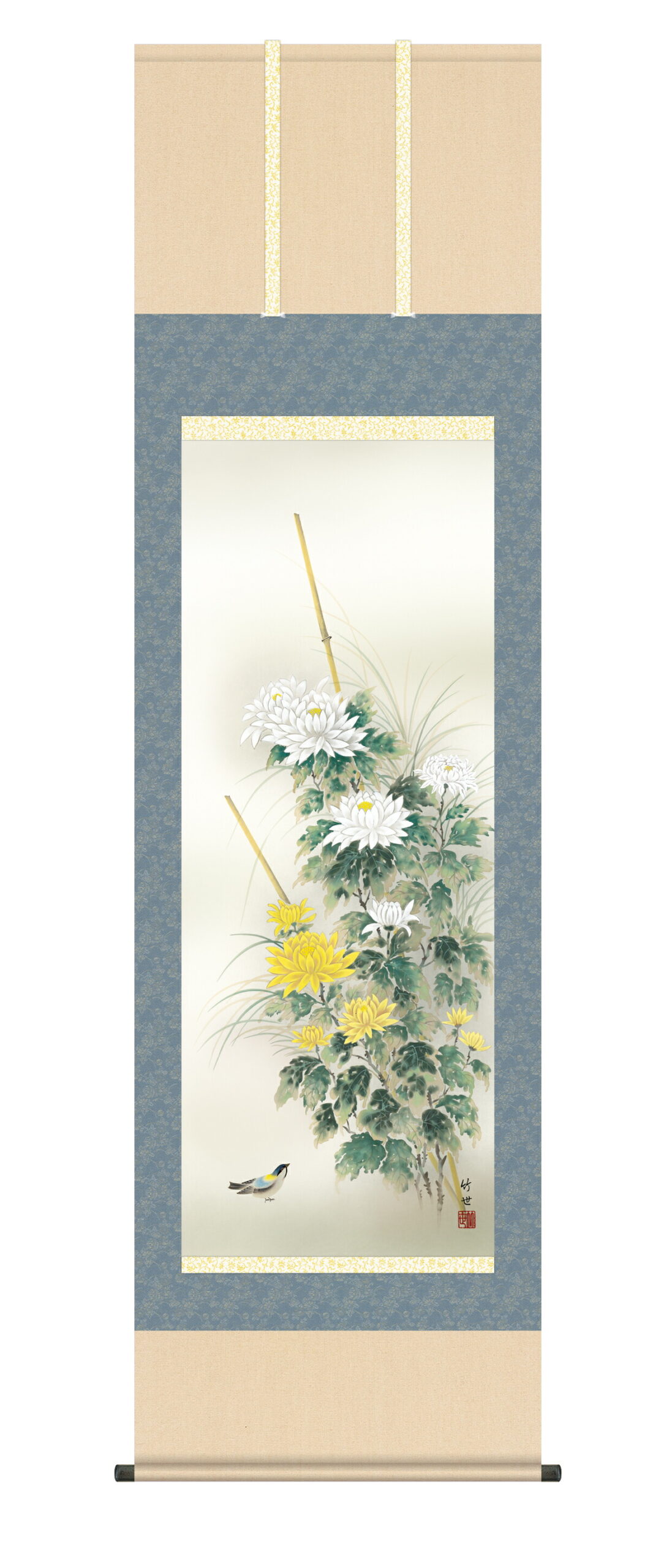 花鳥画 掛け軸/掛軸【花鳥/尺五】 菊花 田村 竹世(三美会) 菊 秋 鳥 白菊 【正絹 最高級筋廻仕様… 商品画像