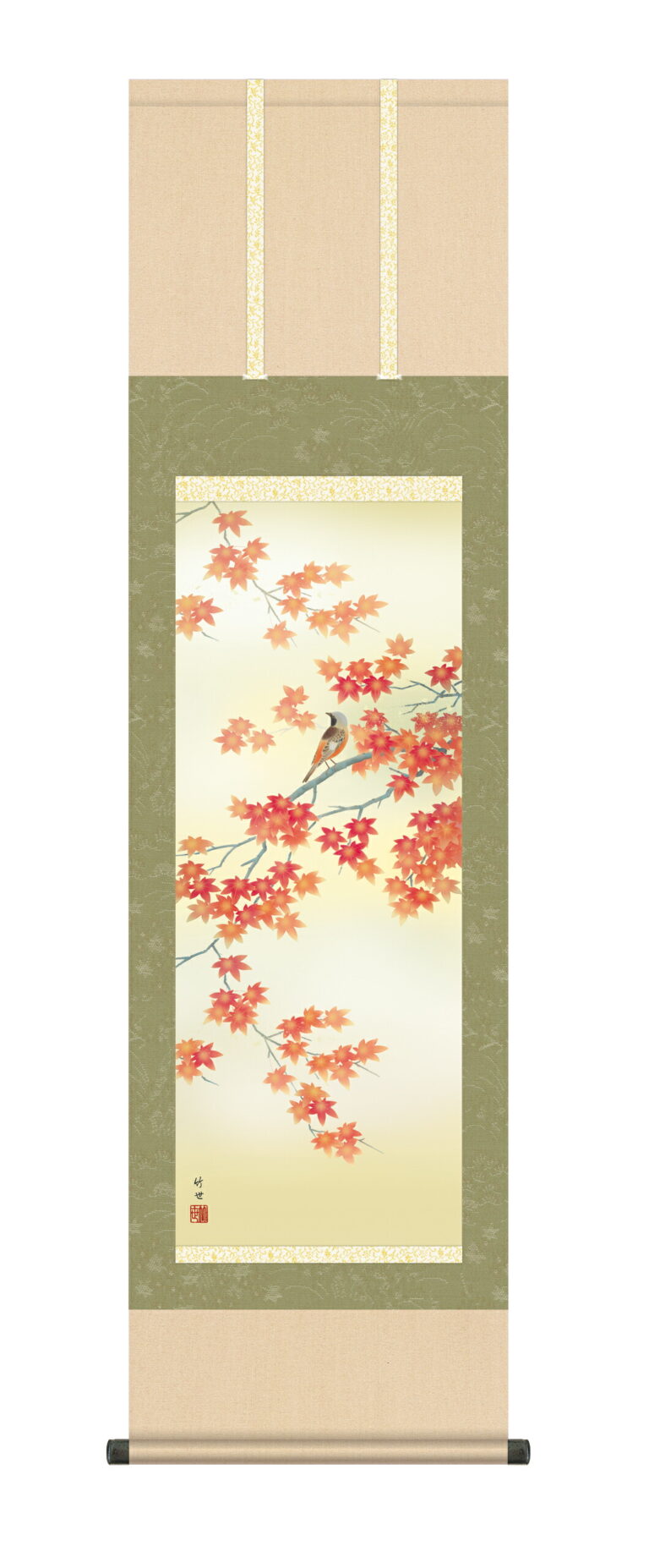 花鳥画 掛け軸 掛軸 かけじく 花鳥画 秋掛け紅葉に小鳥（田村 竹世） 尺三幅 秋 もみじ ことり