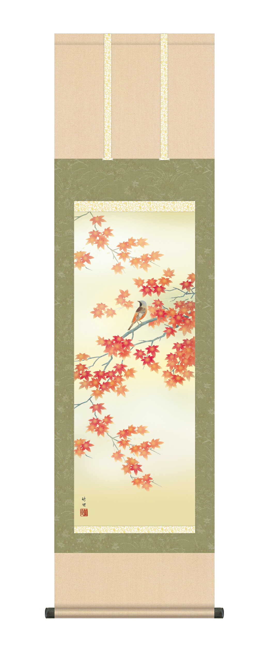 花鳥画 掛け軸 掛軸 かけじく 花鳥画 秋掛け紅葉に小鳥（田村 竹世） 尺三幅 秋 もみじ ことり 商品画像