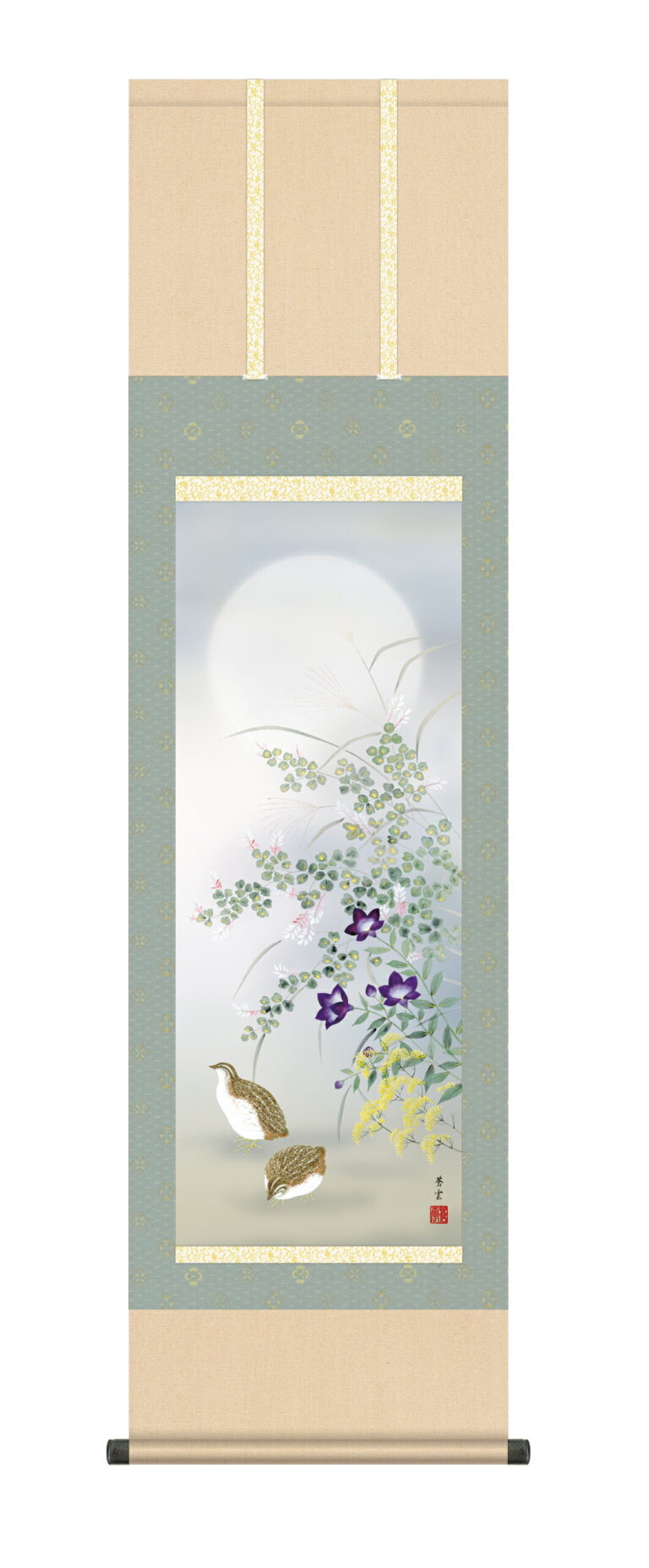 花鳥画 掛軸【花鳥/尺五】秋草に鶉 茂木 蒼雲(草夕会) 秋 うずら 月見