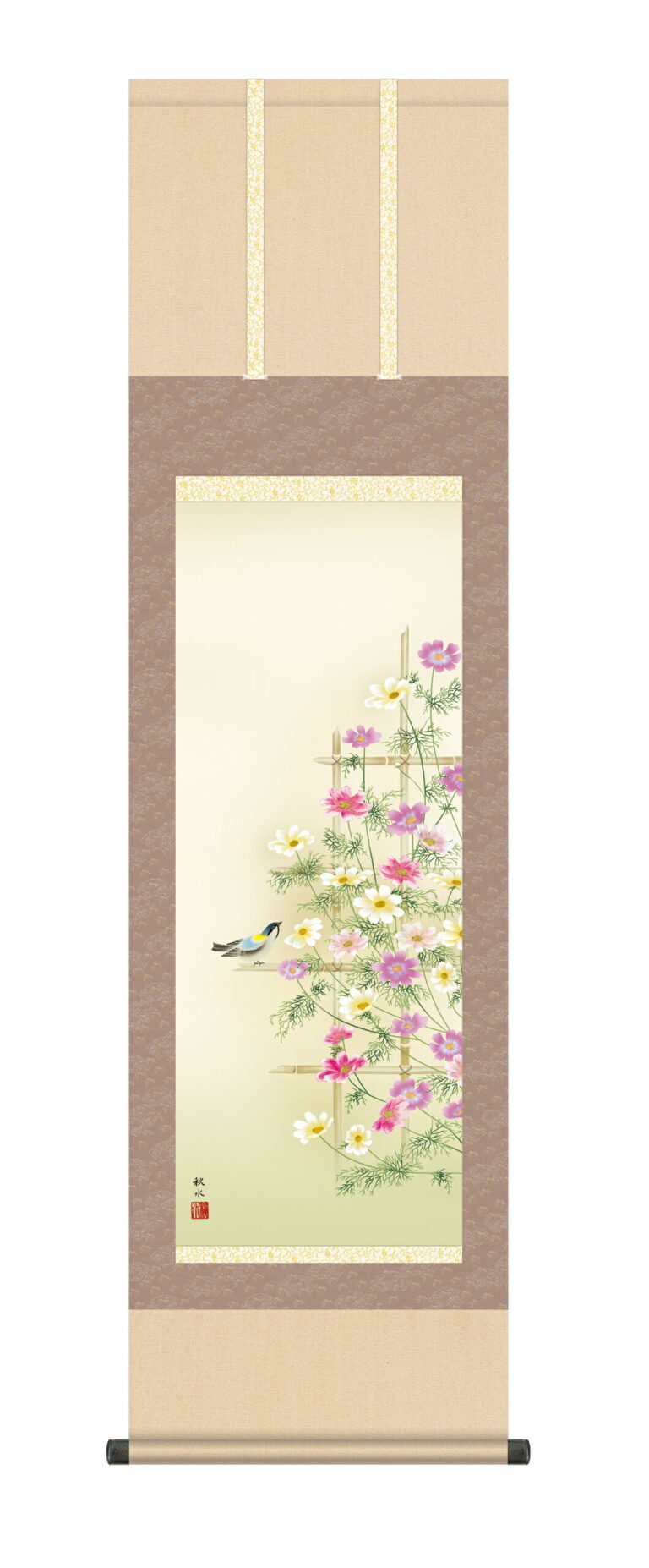 花鳥画 掛け軸(掛軸)【尺三幅】 秋桜（浮田 秋水） コスモス 秋 小鳥