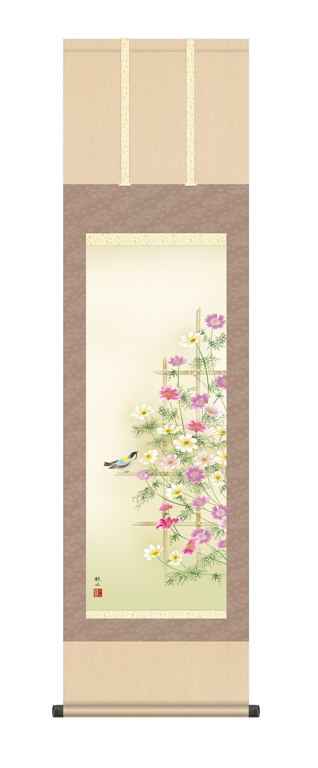 花鳥画 掛け軸(掛軸)【尺三幅】 秋桜（浮田 秋水） コスモス 秋 小鳥 商品画像
