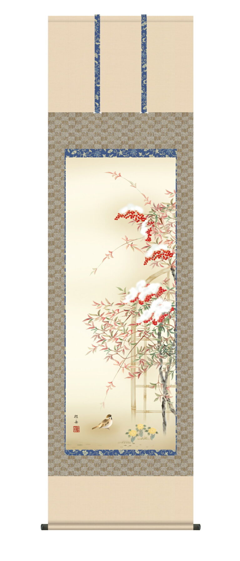 花鳥画 【掛け軸／掛軸／花鳥画】南天福寿（長江 桂舟） 冬掛け 雀 南天