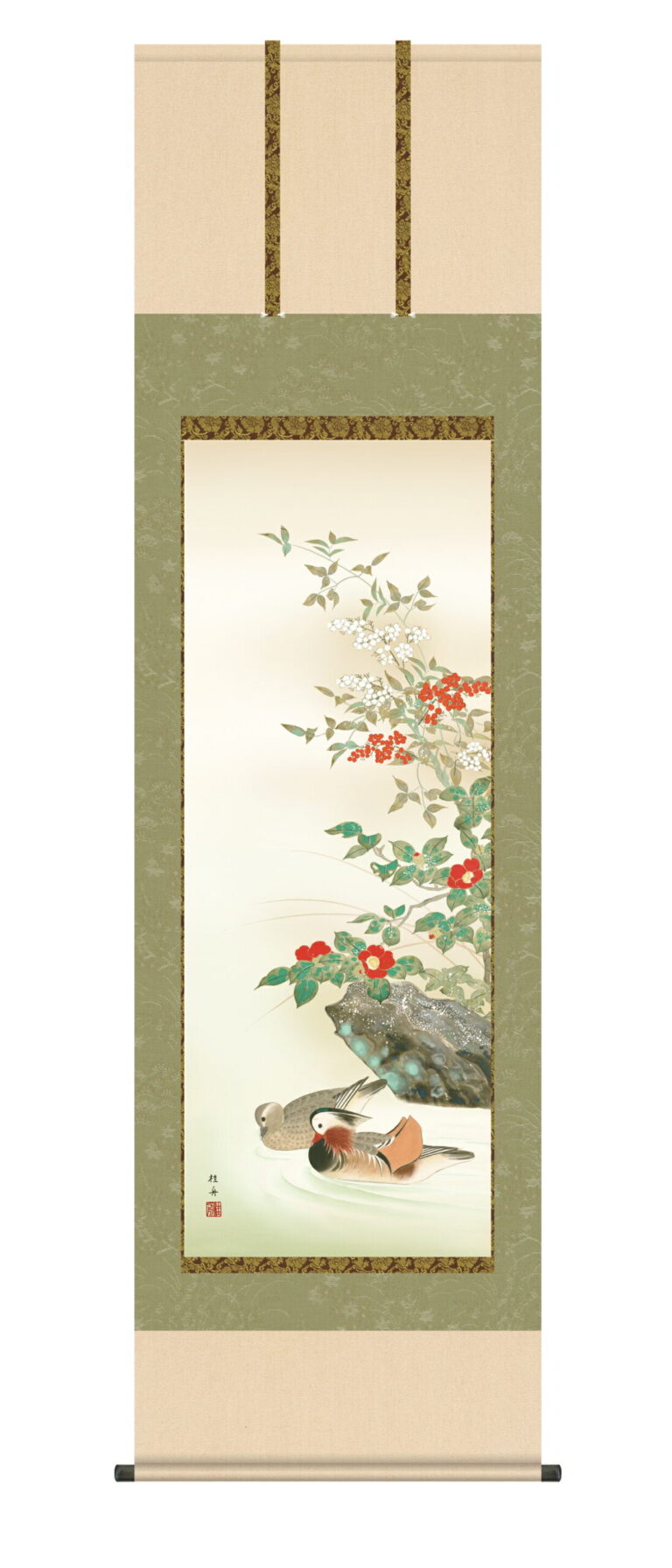 花鳥画 【掛け軸／掛軸／花鳥画】鴛鴦（おしどり）（長江 桂舟） 冬掛け オシドリ