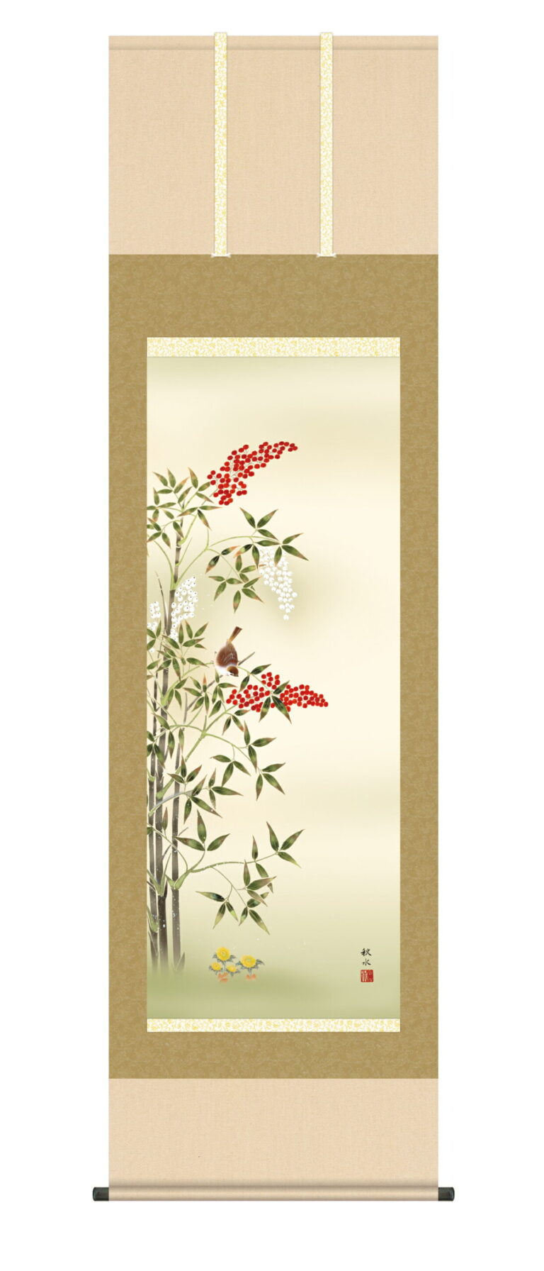 花鳥画 【掛け軸／掛軸／かけじく／花鳥画】南天福寿（浮田 秋水） 冬掛け 南天