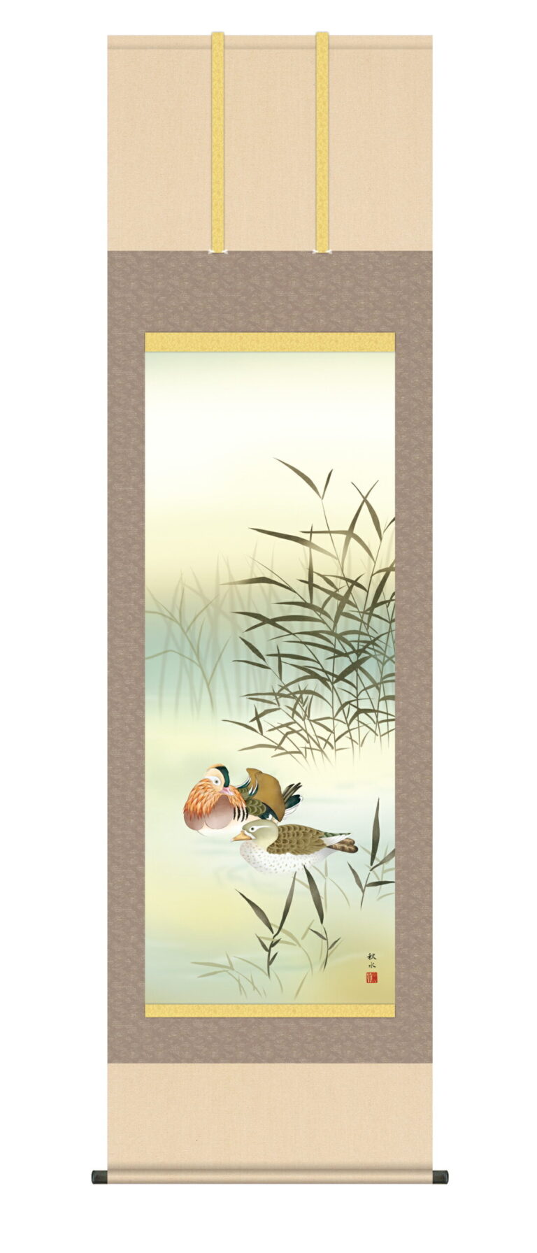 花鳥画 【掛け軸／掛軸／かけじく／花鳥画】鴛鴦（おしどり）（浮田 秋水） 冬掛け オシドリ